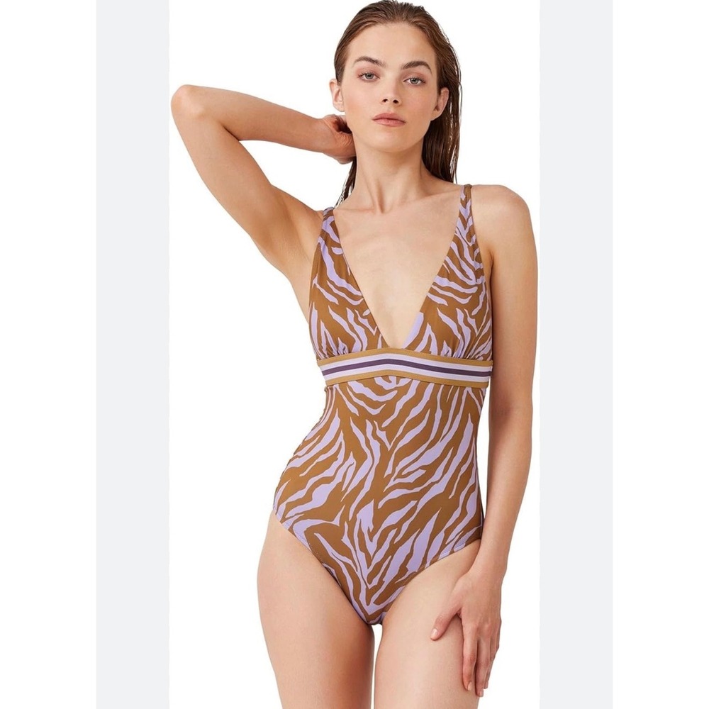 GOTTEX Zebra Print One Piece Swimsuit Brown Lavender V-Neck Size 6